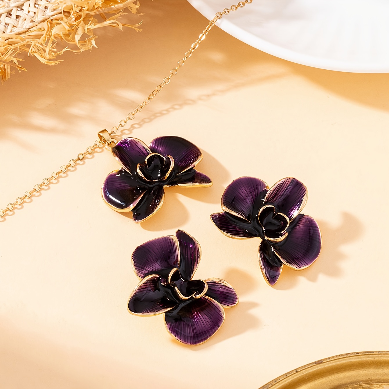 3pc Deep Purple Dyed Enamel Orchid Necklace & Earrings Set
